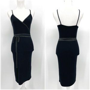 ATM Black Micromodal Rib Knit Faux Wrap Belted Metallic Trim Dress Womens M